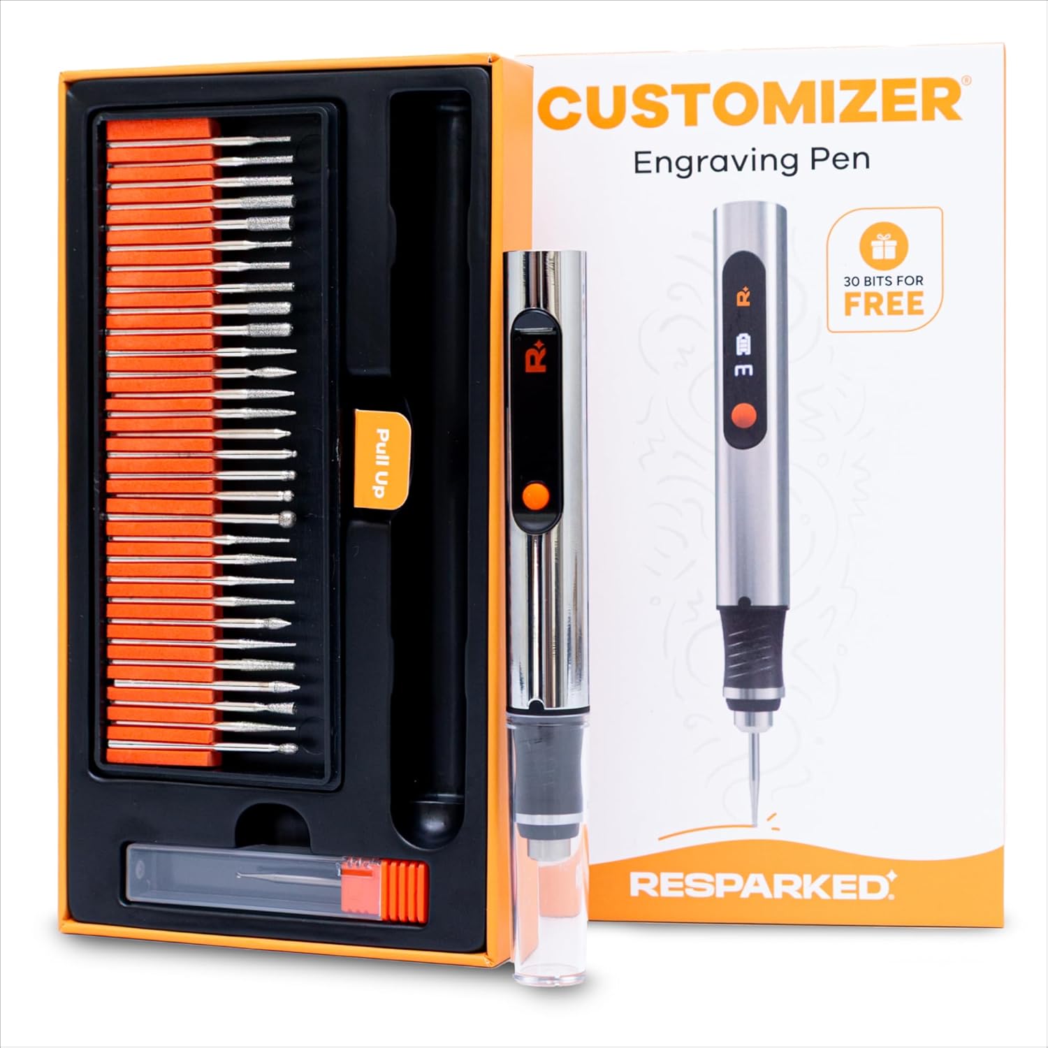 Engraving pen set with interchangeable bits and Resparked branding on packaging.
