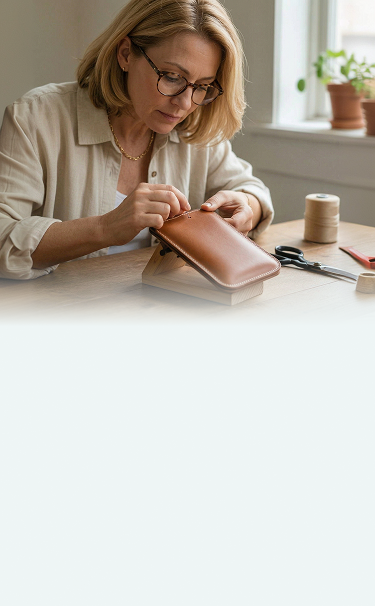 Woman crafting a leather bag at home