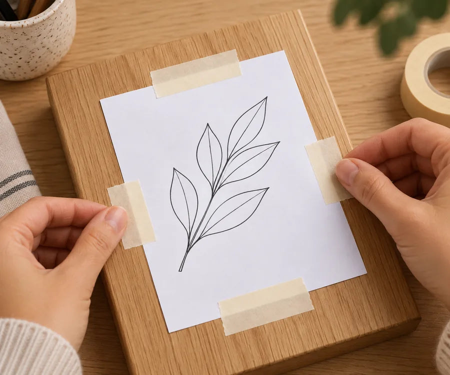 Taping the template onto a wooden piece