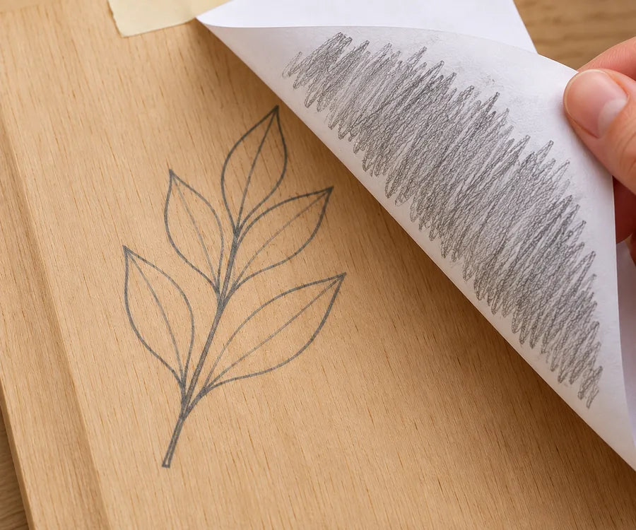 Lifting the paper to reveal the transferred design on the wood